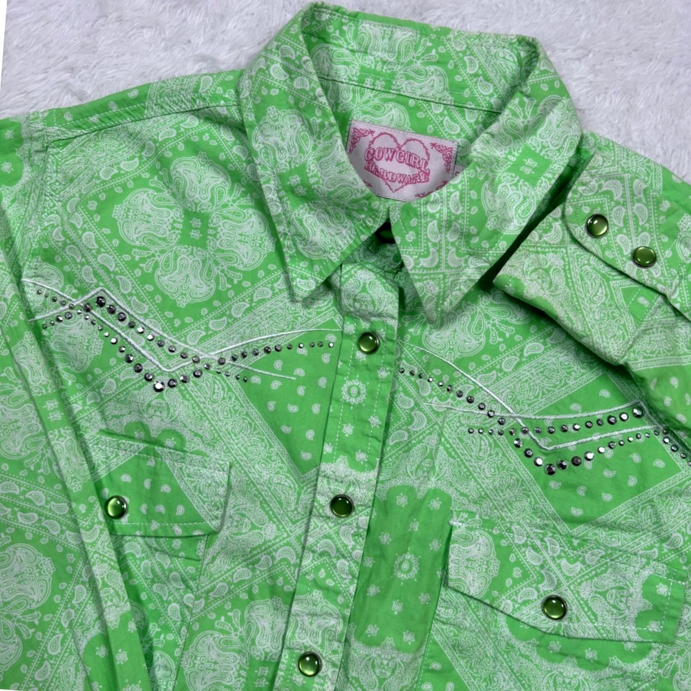 Cowgirl Hardware Western Shirt Women S (FIT XS) Green Paisley Bandana Pearl Snap